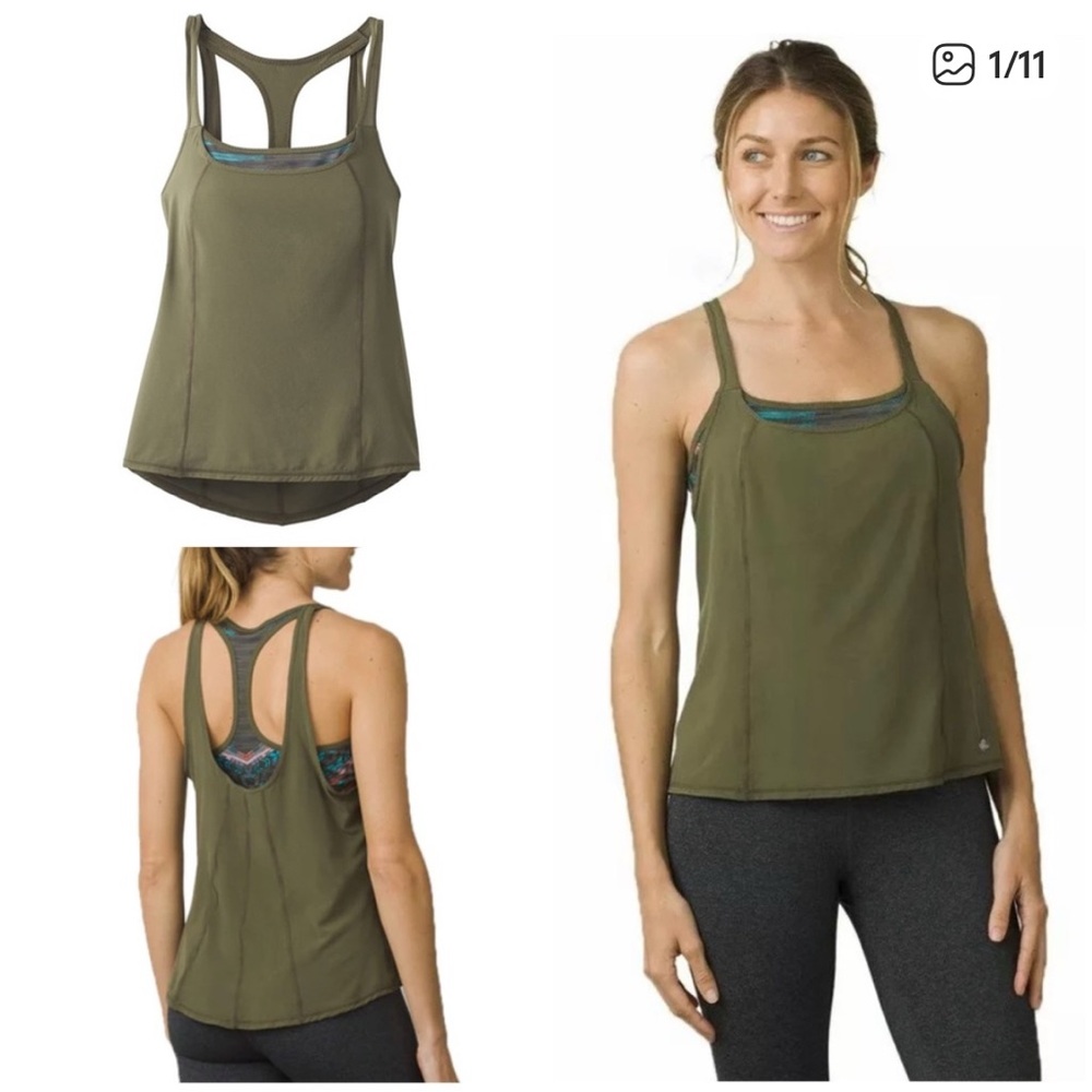 Prana Sway Tank Top Attached T Back Bra Cargo Green